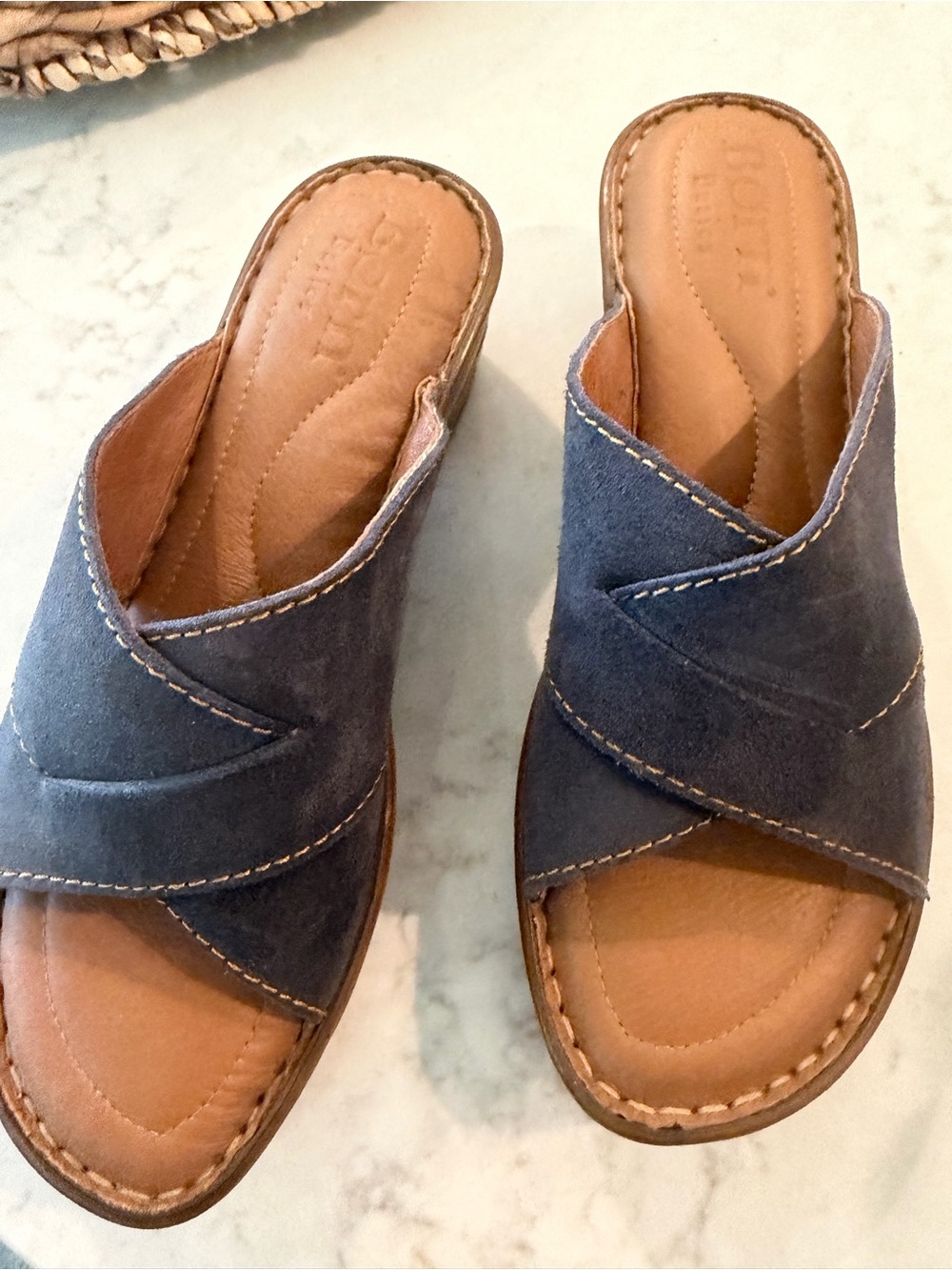 Born Navy Suede Crossover Slide Mules with Tan Footbed
